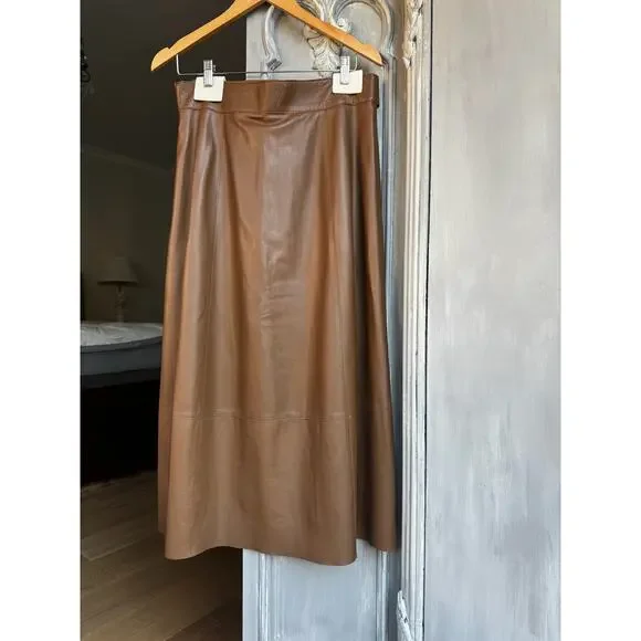 Vince Midi Skirt Tan Belted Lamb Leather A-line High Waist Luxe Minimalist Sz 10